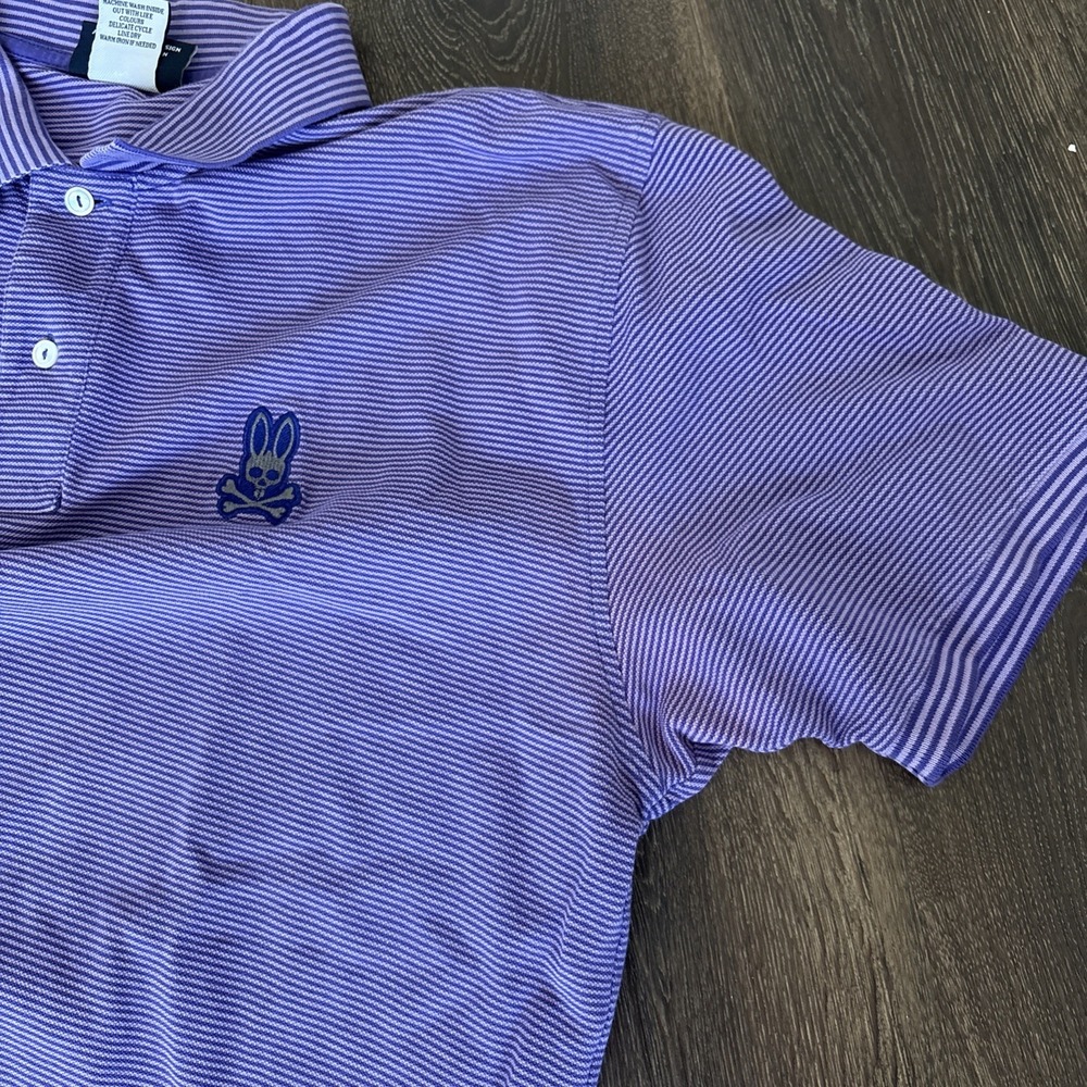 Psycho Bunny Polo Shirt Skull Bunny Mens Size 8/2XL Purple Striped Stretch